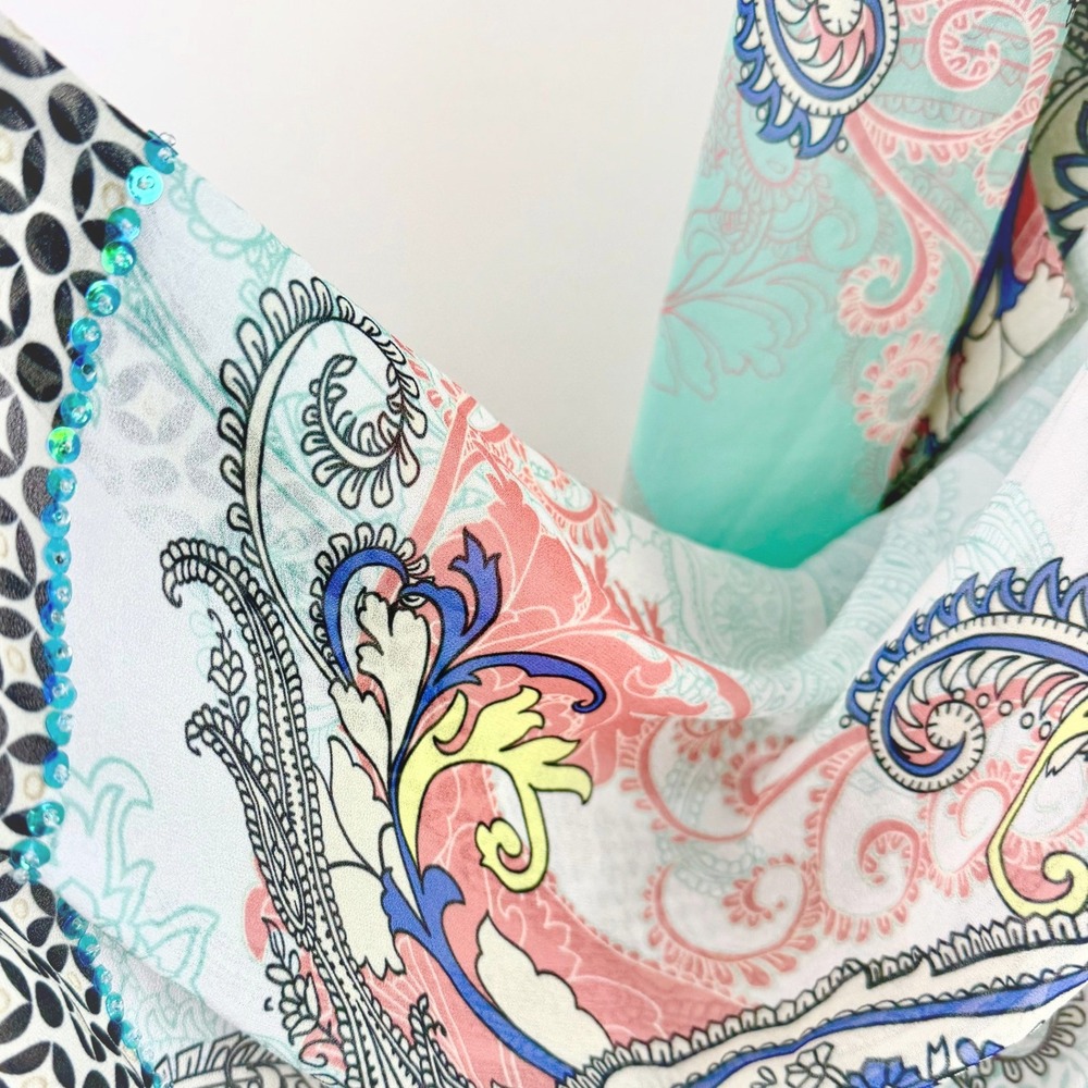 Soft Surroundings Womens S M Sheer Kimono Blue Paisley Sequin Sleeve Boho Duster - Picture 6 of 9
